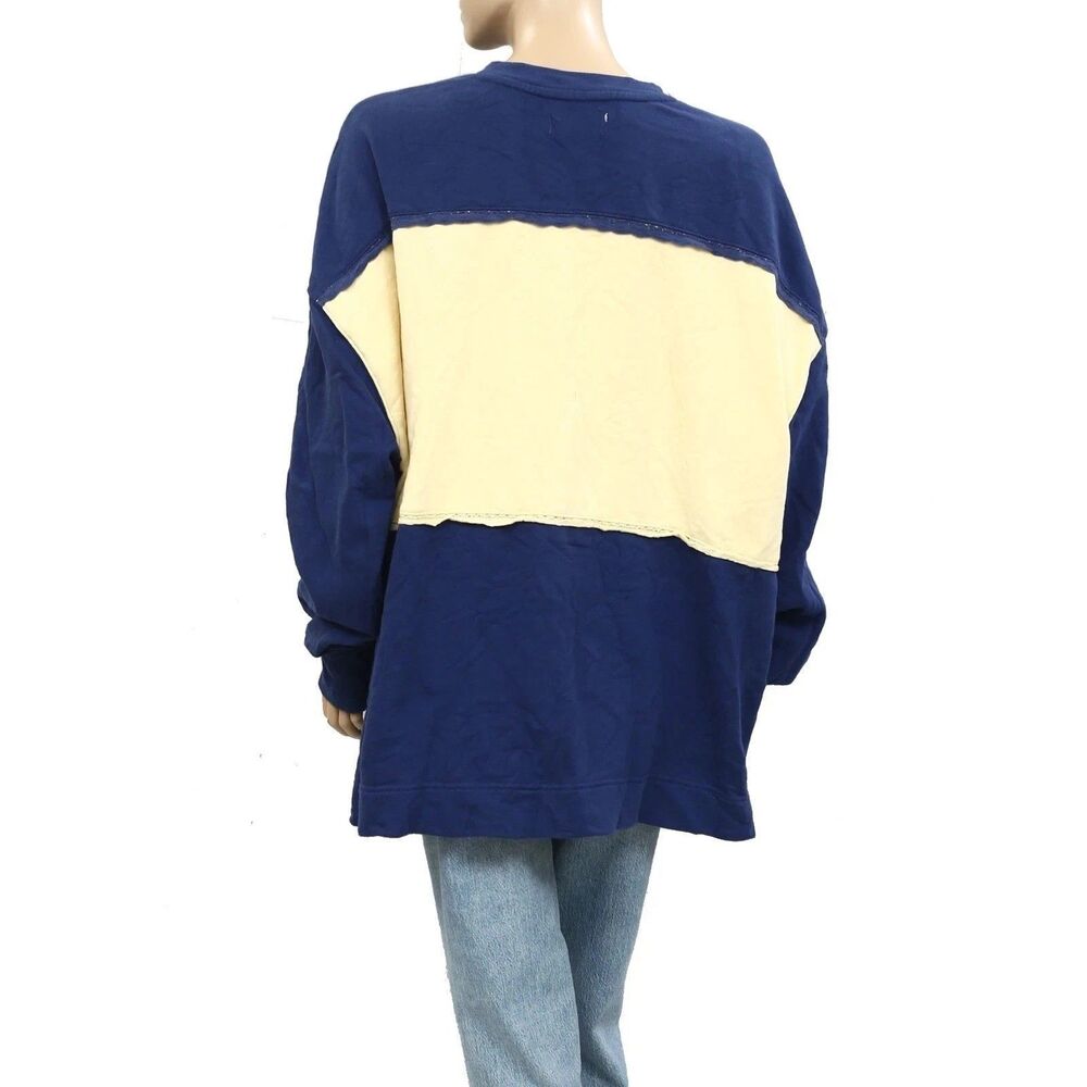 Free People Strawberry Sweatshirt Top Pullover Colorblock Ribbed Blue XL 284052 - Picture 7 of 8